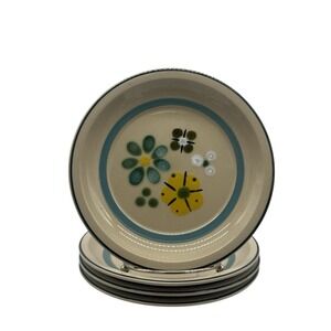 Vtg Fashion Manor Stoneware 4pc. Tan Anemone Floral Salad Plate Retro 7.5"